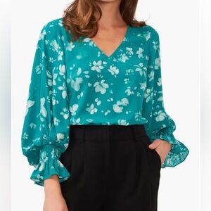 Halogen Women’s Teal Floral V-Neck Blouse Blouson Sleeve Smocked Cuff 3X Plus